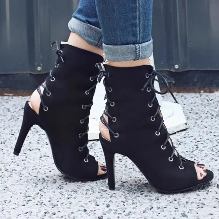 Peep Toe Lace-Up High Heel Boots