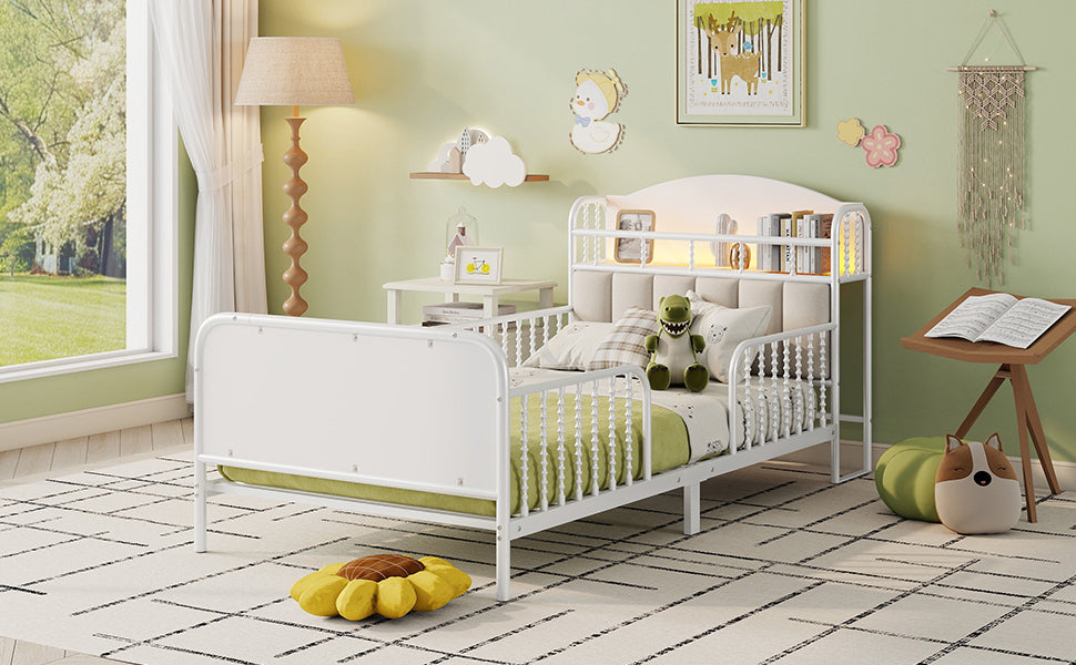 Twin Size Metal Platform Bed Frame with Light, Kids Twin Metal Bed with Upholstered and Storage Headboard, White (Expect Arrival Date 2025/10/5)
