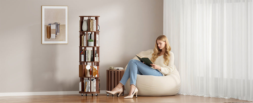 100%Solid Wood Rotating Bookshelf on Wheels,5 Tier, Round Revolving Bookcase, 360° Spinning Book Shelf Tower for Kids, Narrow Rolling Bookshelves for Small Space, Corner, Bedroom, Office, Walnut