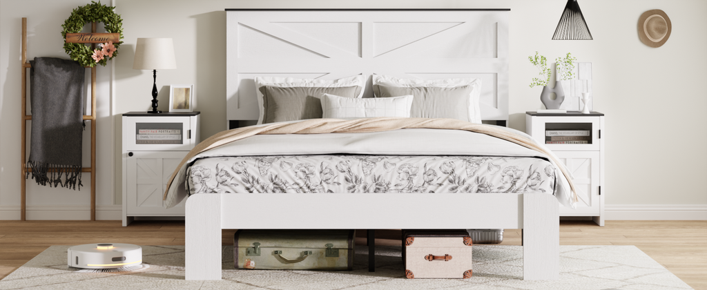 Queen Bed Frame Headboard , Wood Platform Bed Frame , Noise Free,No Box Spring Needed and Easy Assembly Tool,Large Under Bed Storage,White