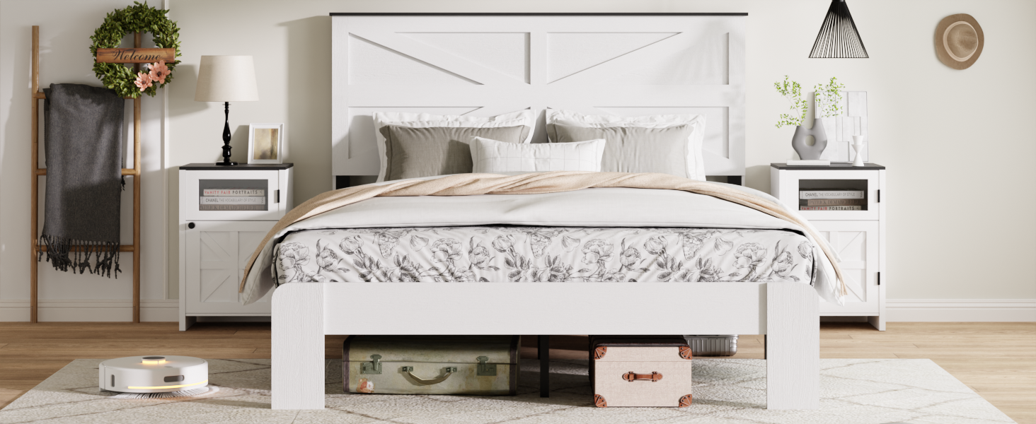 Queen Bed Frame Headboard , Wood Platform Bed Frame , Noise Free,No Box Spring Needed and Easy Assembly Tool,Large Under Bed Storage,White