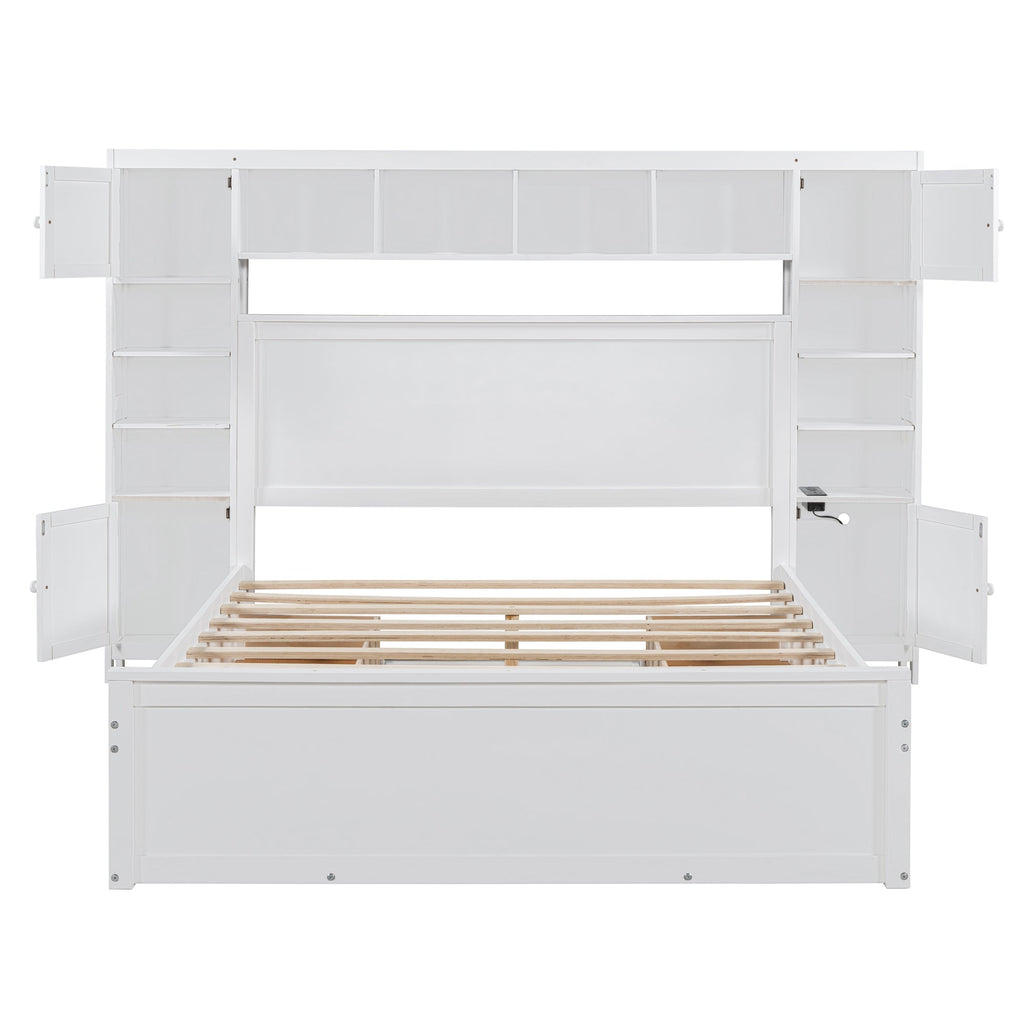 Queen Size Wooden Bed With All-in-One Cabinet, Shelf and Sockets, White