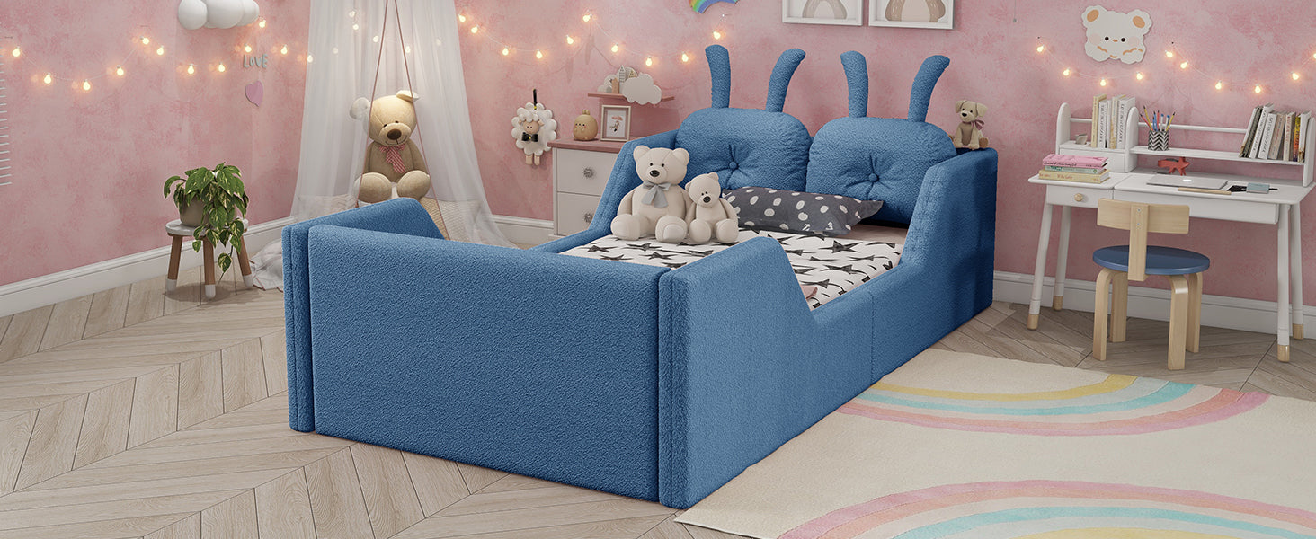 Twin Size Upholstered Platform Bed with Rabbit Cushion, Kids Floor Upholstered Bed with Removable Side Rails, Blue(Expect Arrival Date 2025/1/15)