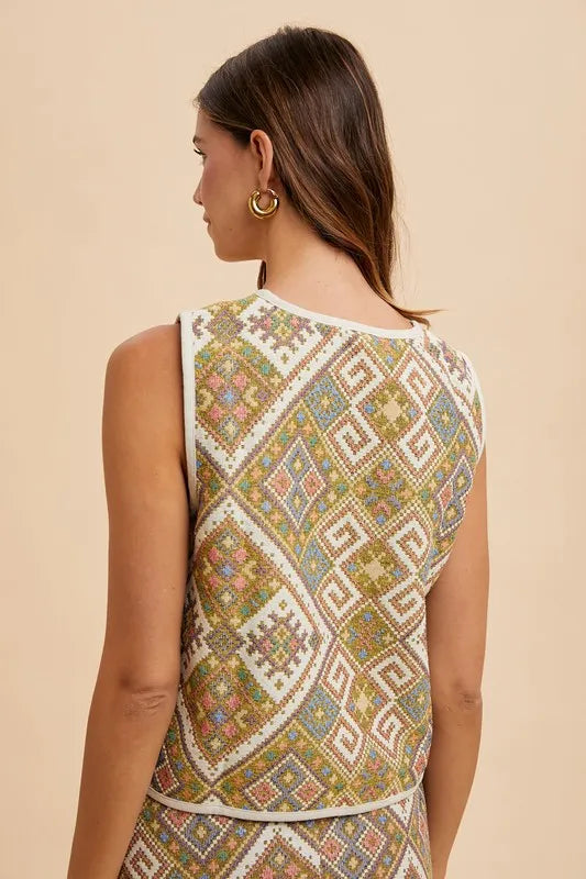 Annie Wear Ethnic Woven Jacquard Tie Front Vest