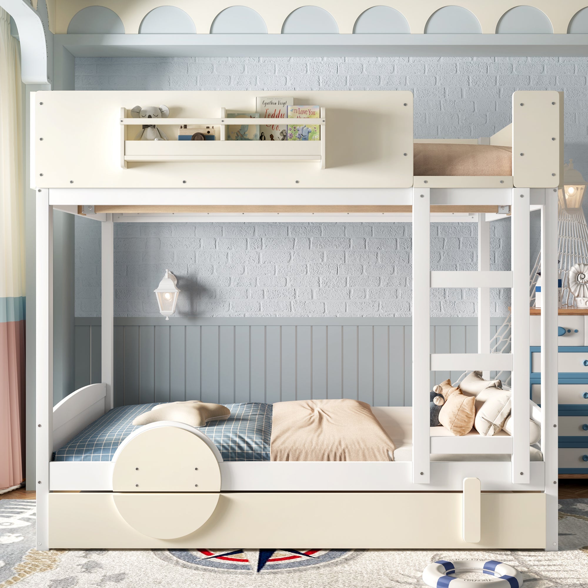Full Bunk Bed with Trundle , Wood Bunk Bed Frame with Built-in Bookshelf and High-quality Safety Guardrail,Automobile Form Design for Kids ,White＆ Beige.