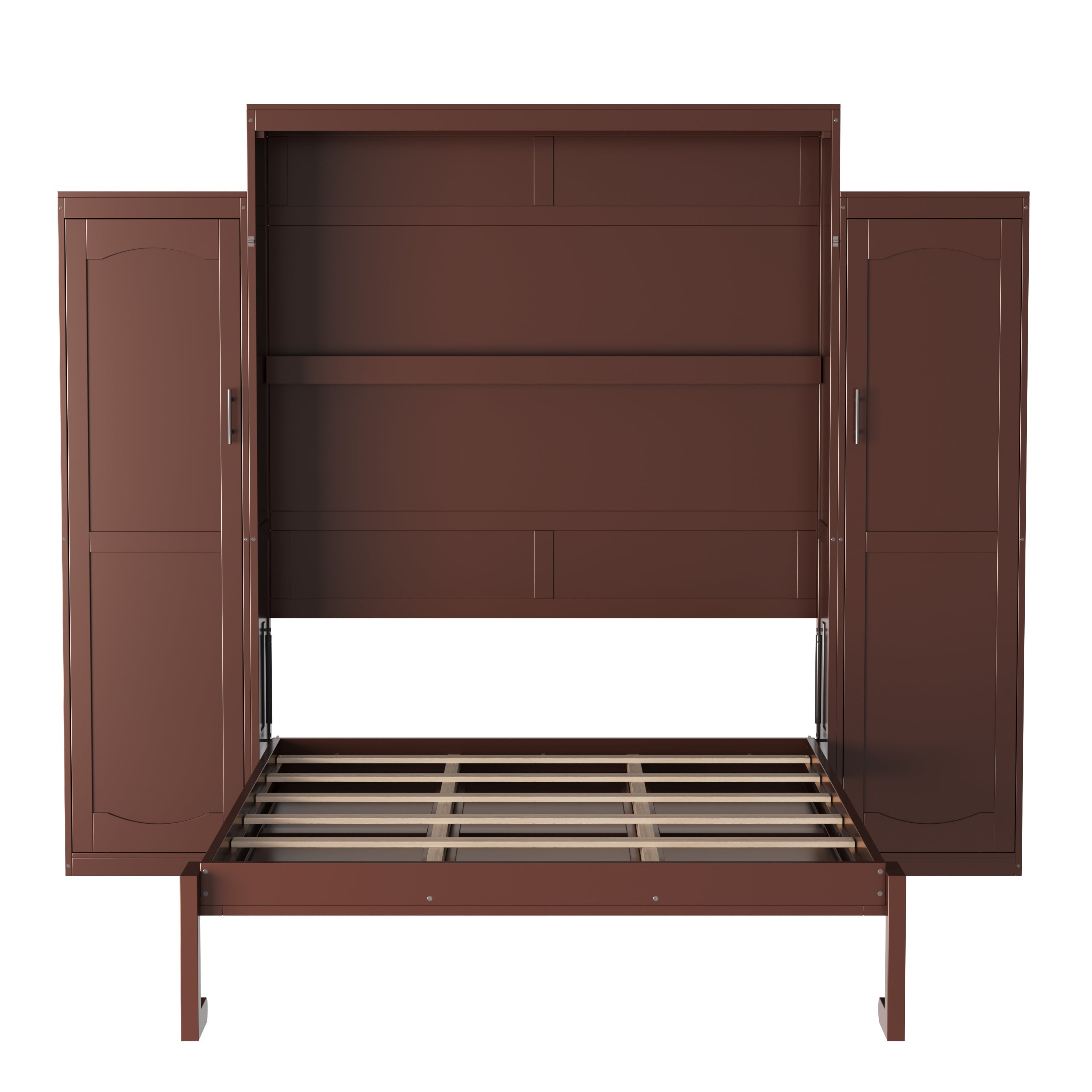 Queen Size Murphy Bed, Wooden Queen Wall Bed with 2 Wardrobe and Storage Shelf, Multifunctional Foldable Platform Bedframe for Guest-Room, Bedroom, Walnut