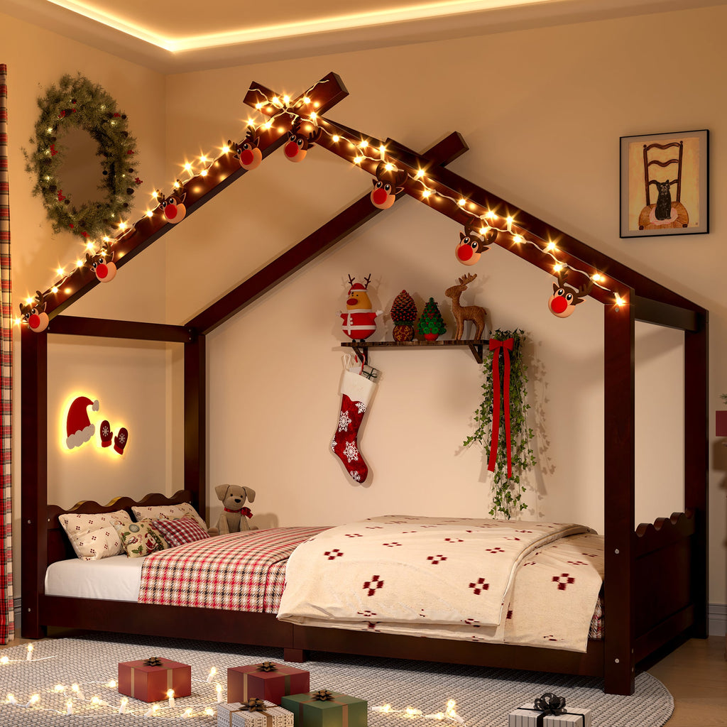 Twin House Floor Bed with Support Slats, Solid Wood House Bed Frame for Kids, No Box Spring Needed and Opening Constructure, Espresso