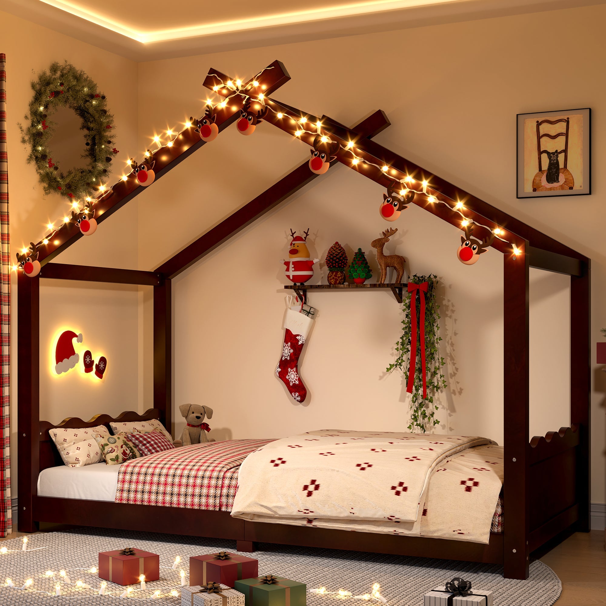 Twin House Floor Bed with Support Slats, Solid Wood House Bed Frame for Kids, No Box Spring Needed and Opening Constructure, Espresso