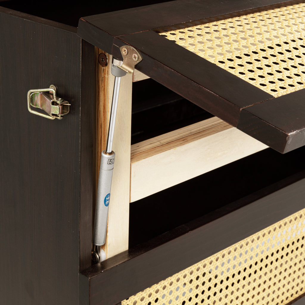 Queen Size Murphy Bed, Pine Wood Cabinet Bed with Rattan Decoration and Storage Drawer,Espresso