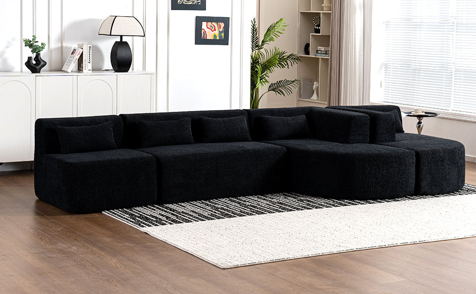 144' Upholstered Sofa Free-combined Sofa Couch with Two Chaise Lounge and Five Back Pillows for Living Room(Old SKU: N719S001600B), Black