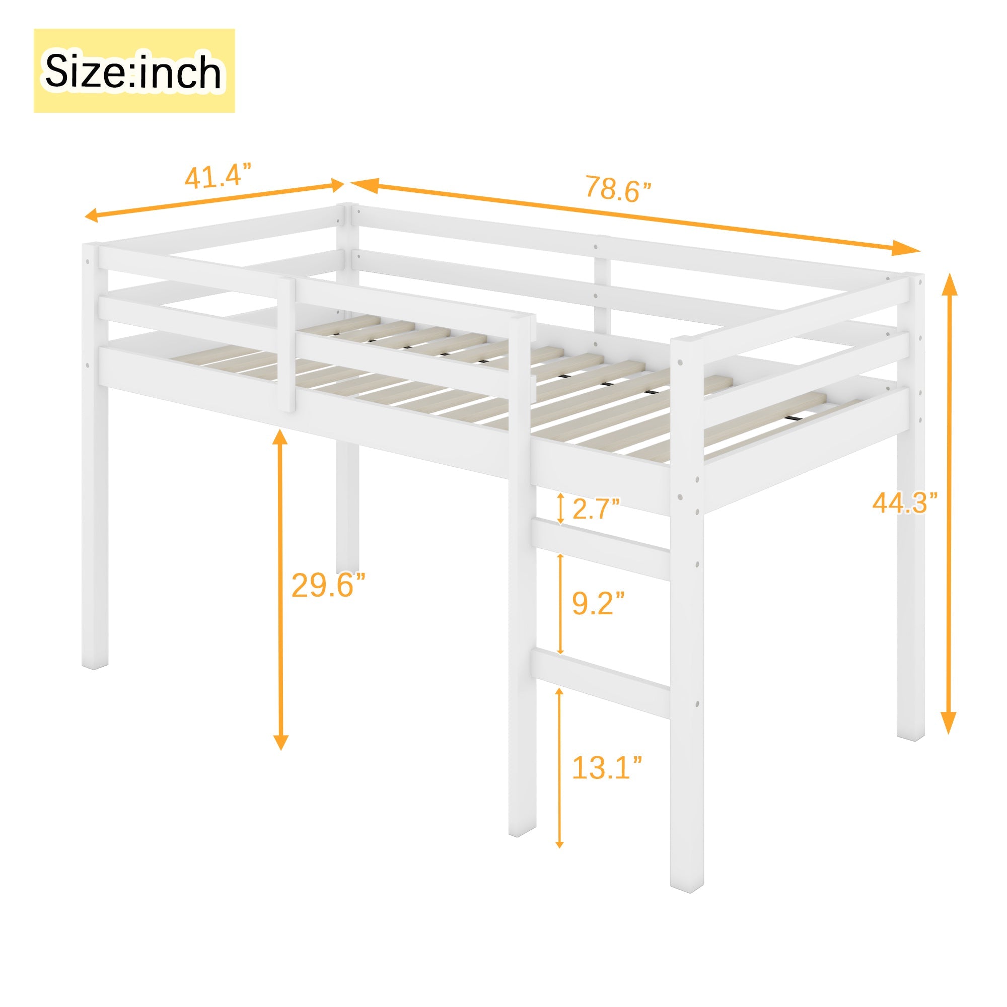 Solid Wooden, Rubber Wooden Twin Loft Bed with Ladder, Bed Platform of Strengthened Slats , White