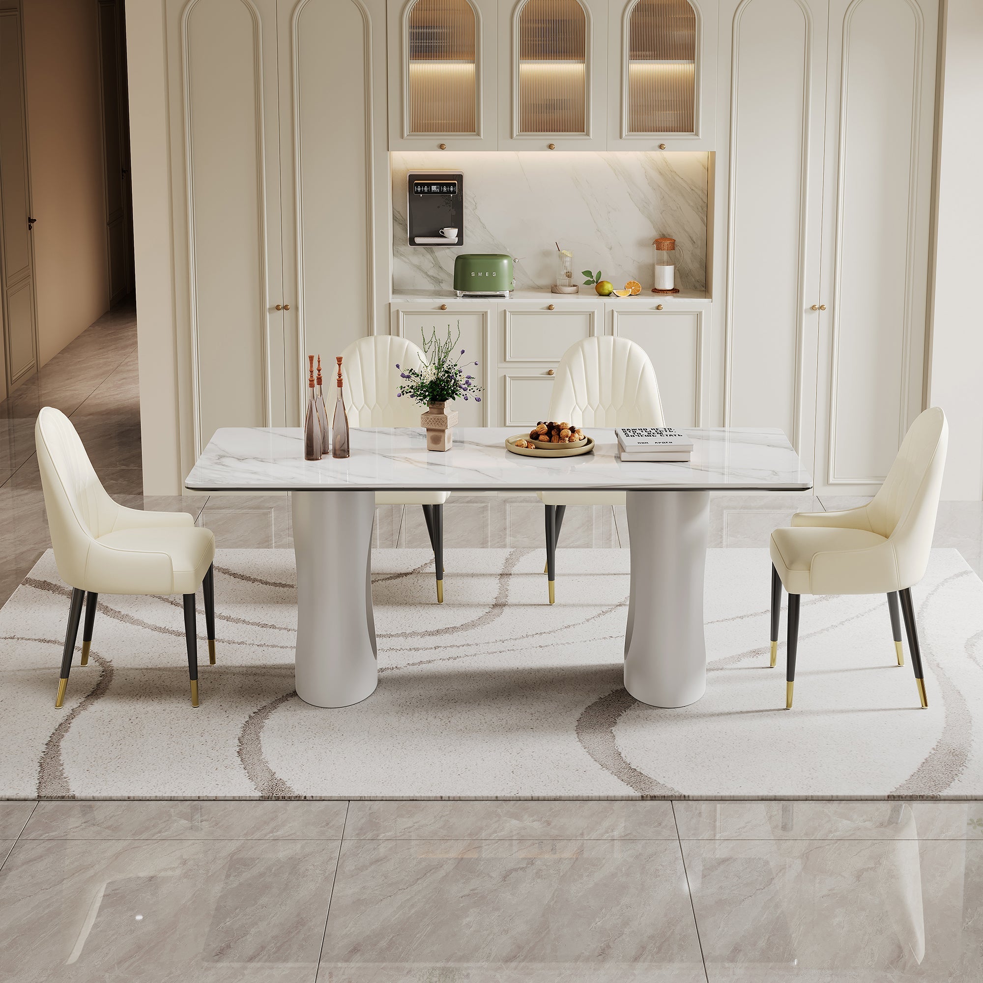 0.47' Thick Sintered Stone Composite Tempered Glass Top Rectangular Dining Table with Carbon Steel Base