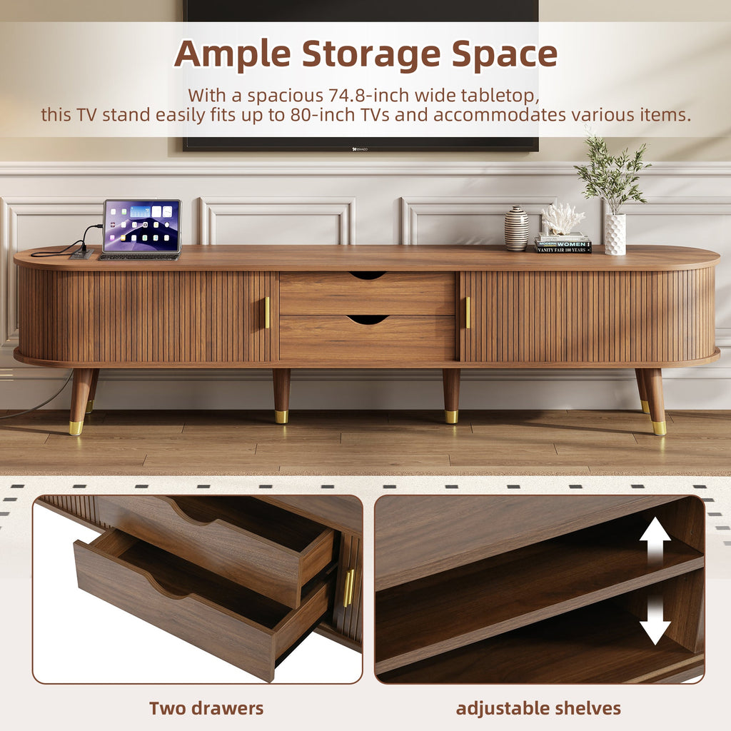 Wooden Oval Fluted TV Stand with Charging Station for TV up to 80', Mid-Century Media Console with Sliding Tambour Door, Farmhouse TV Cabinet with Golden Handle for Living Room, Walnut