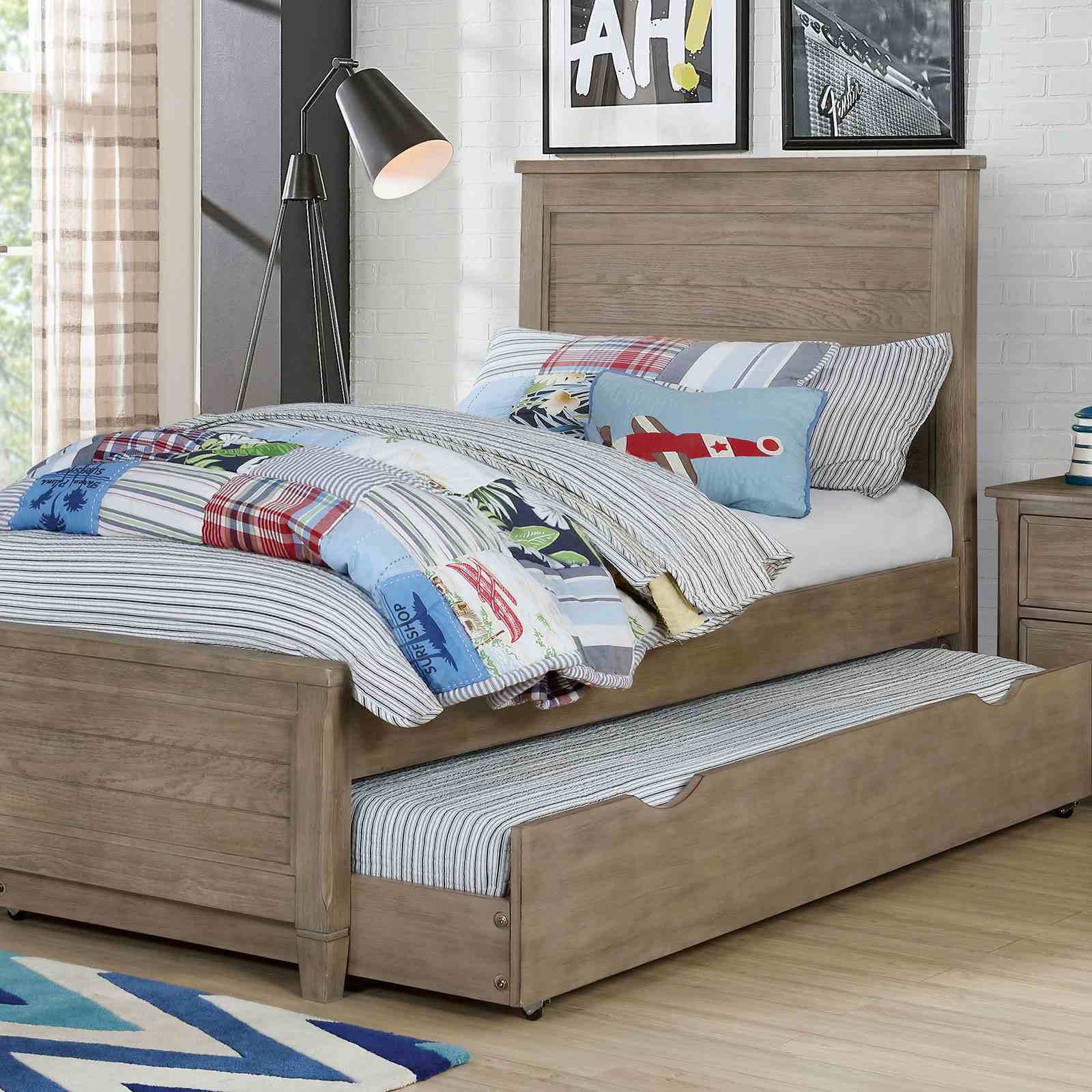 Transitional Twin Size Bed w Trundle 2x Nightstands Warm Gray Bedroom Furniture Wood Grain Texture 3pc Set