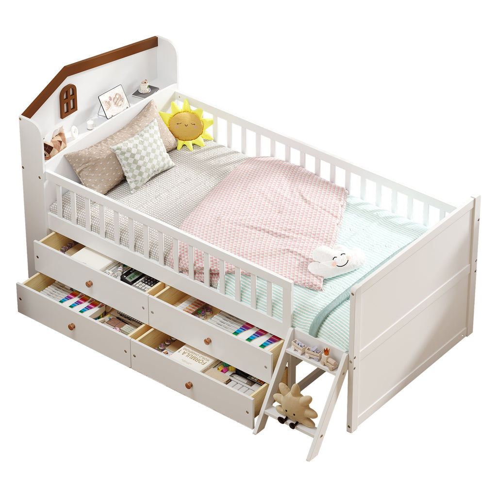 Twin Bed Frame with Storage 4 Drawers,Wooden Bed Frame for Kids,Platform Twin Size Bed with Guardrail Headboard and Ladder, No Box Spring Needed, Easy Assembly, White