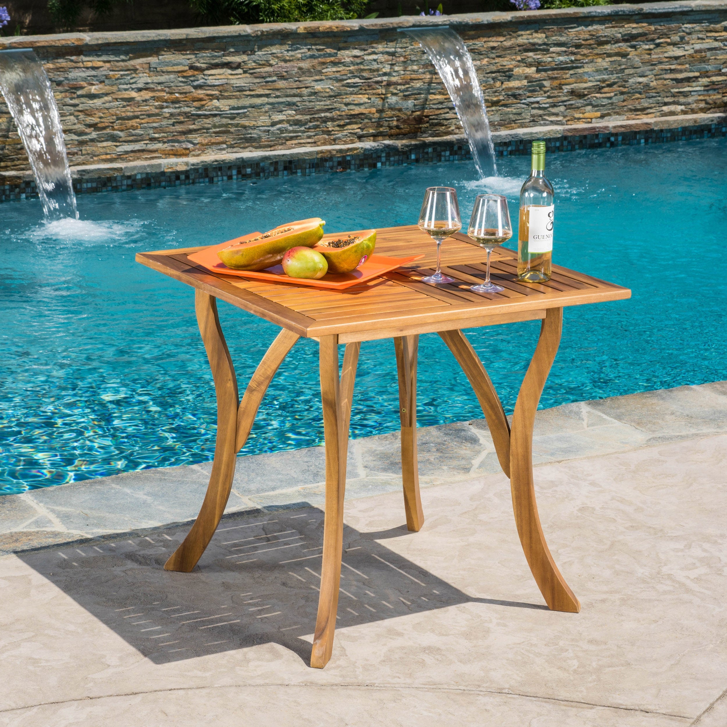 Outdoor Square Table with Curved Legs and Perpendicular Wooden Slats Table Top, Teak