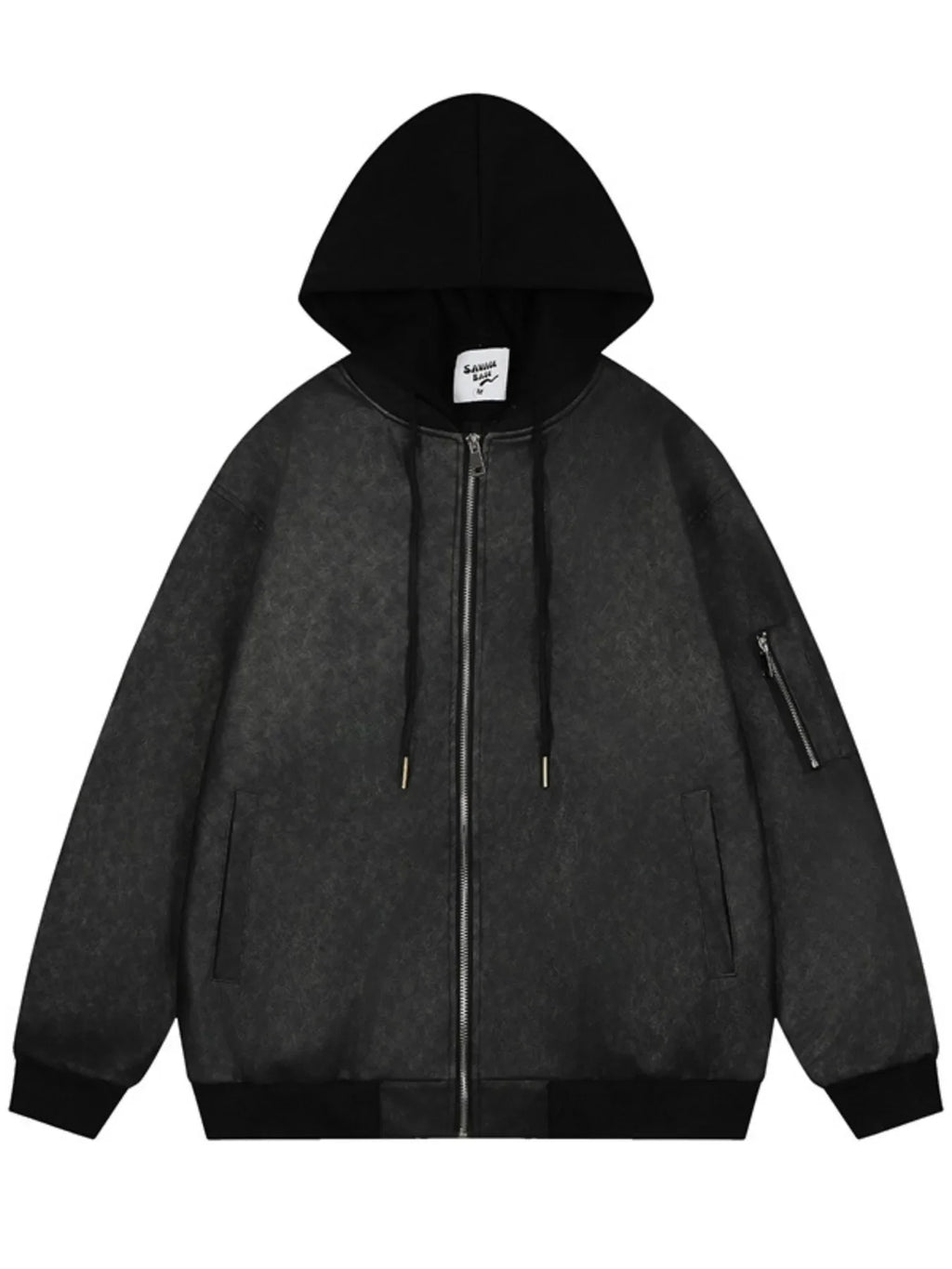 Drawstring Washed Zip Up Hooded Jacket