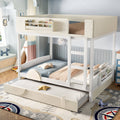 Full Bunk Bed with Trundle , Wood Bunk Bed Frame with Built-in Bookshelf and High-quality Safety Guardrail,Automobile Form Design for Kids ,White＆ Beige.