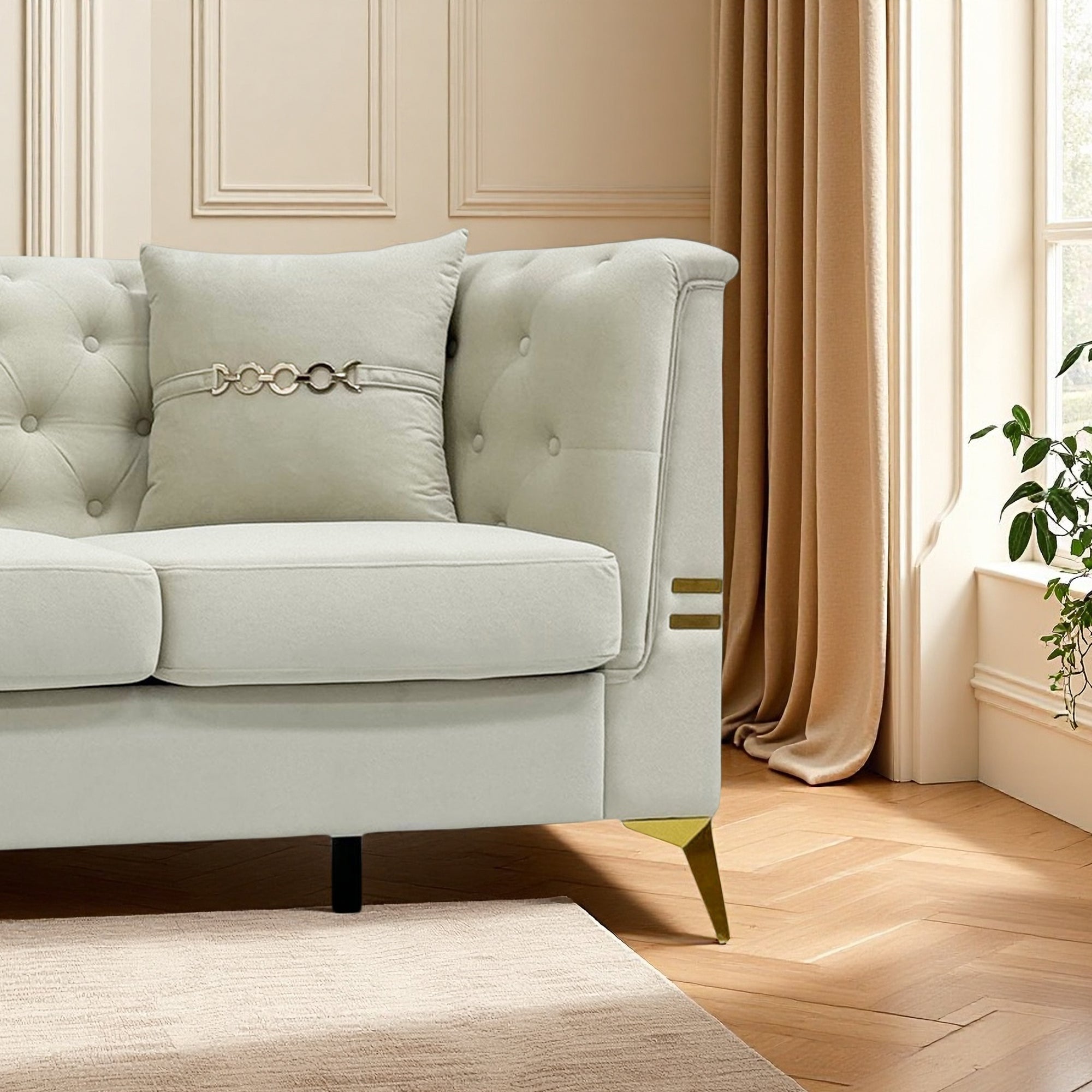 FX-P83-2PC SOFA -CW4  Modern Velvet Upholstered Sofa Set of 2, Cream White 3-Seater Sofas with Gold Metal Legs Contemporary Living Room Furniture for Family Homes, Apartments, and Lounge Spaces