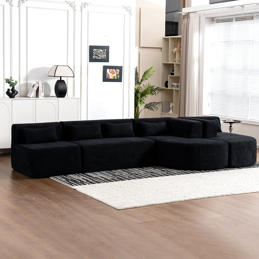 144' Upholstered Sofa Free-combined Sofa Couch with Two Chaise Lounge and Five Back Pillows for Living Room(Old SKU: N719S001600B), Black
