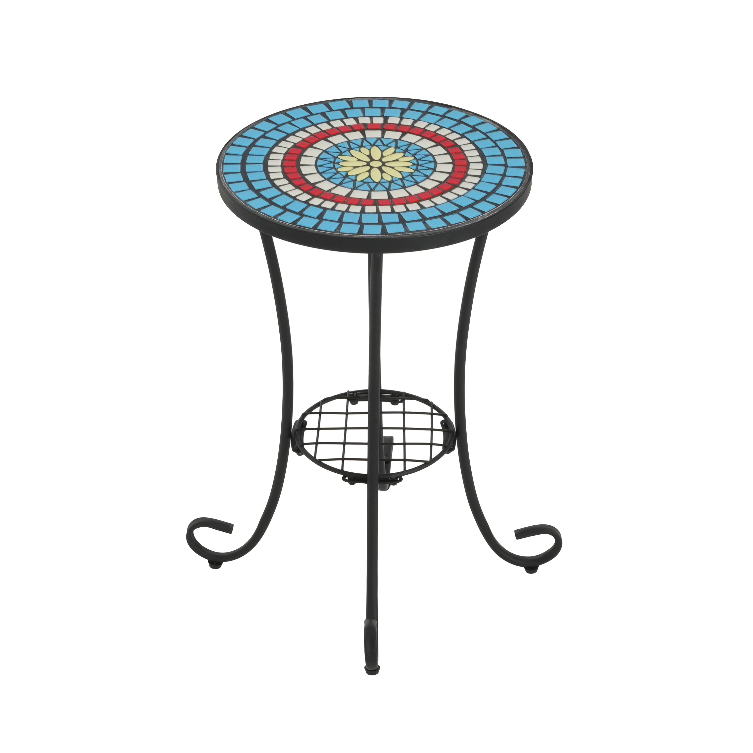 Vibrant Patio Side Table with Shelf, Floral Design, Blue and Black Ceramic Tile, 14-Inch