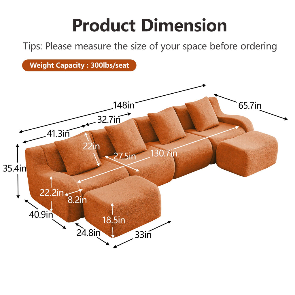 U-Shaped Boneless Sofa,Teddy Fabric No assembly required Curved armrest,Anti-slip Design,Streamlined Design 32D High Density Sponge,Full Compression Vacuum Packag,For Studies living Rooms,Orange