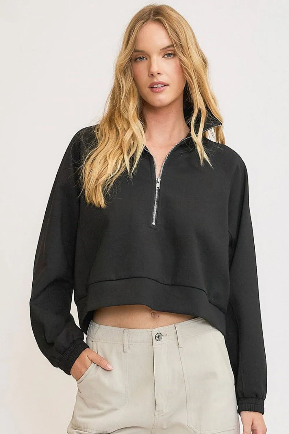 Umgee Full Size Half Zip Cropped Sweatshirt Plus Size