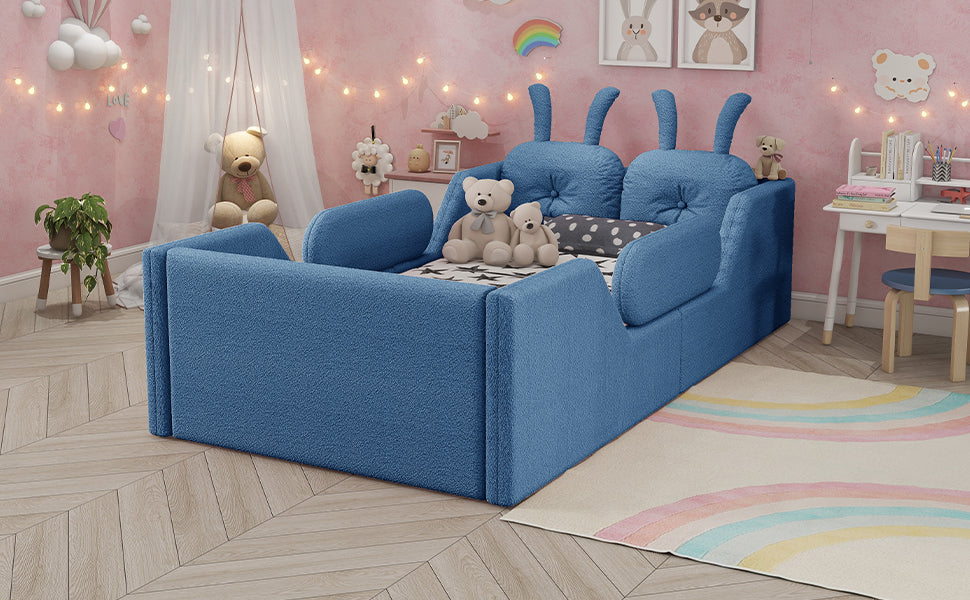 Twin Size Upholstered Platform Bed with Rabbit Cushion, Kids Floor Upholstered Bed with Removable Side Rails, Blue(Expect Arrival Date 2025/1/15)