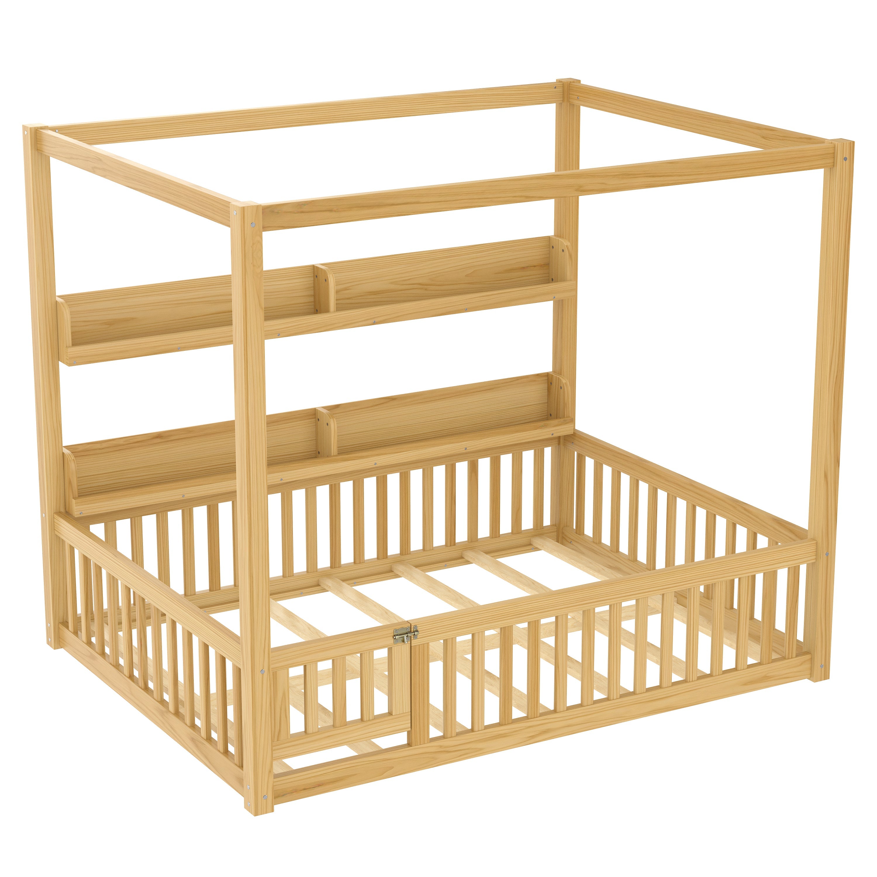Full Size Canopy Bed with Guardrails, Solid Wood Floor Bed with Shelves, Montessori Floor Bed Frame for Kids, Boys, Girls, No Spring Box Needed, Natural