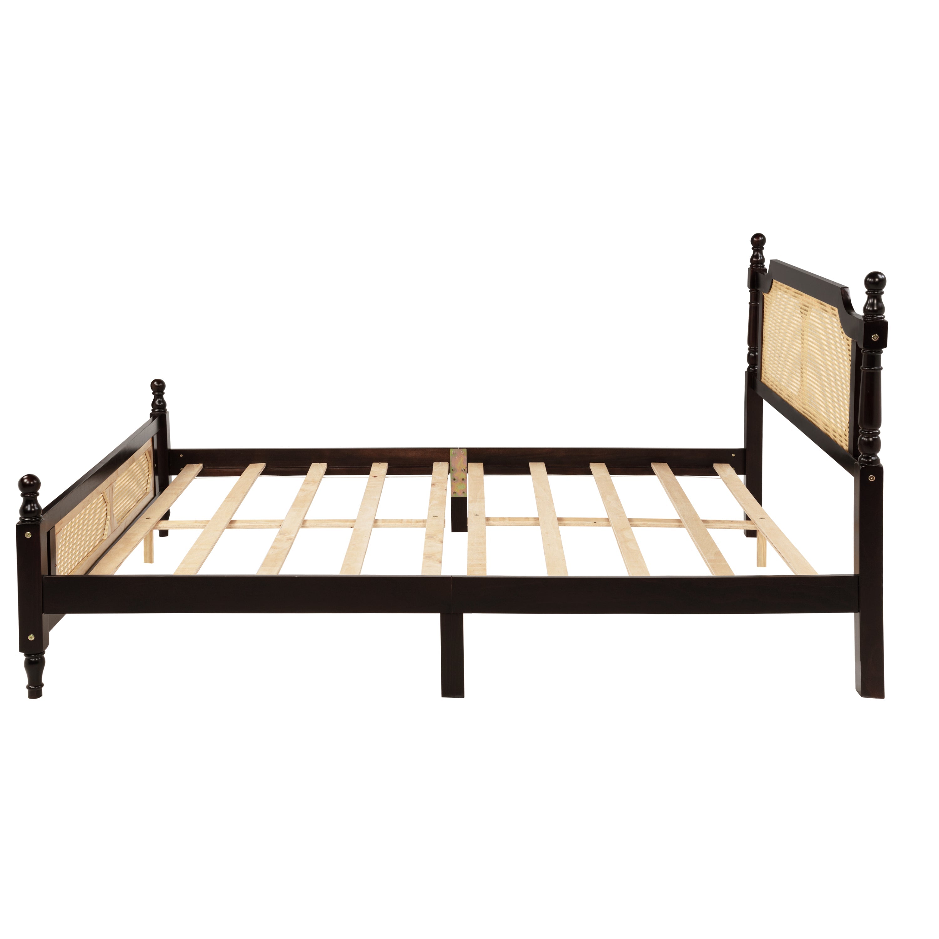 Queen Pine wooden Bed with Rattan Headboard  and Footboard, with  Central Enhanced Bed Platform ,Espresso