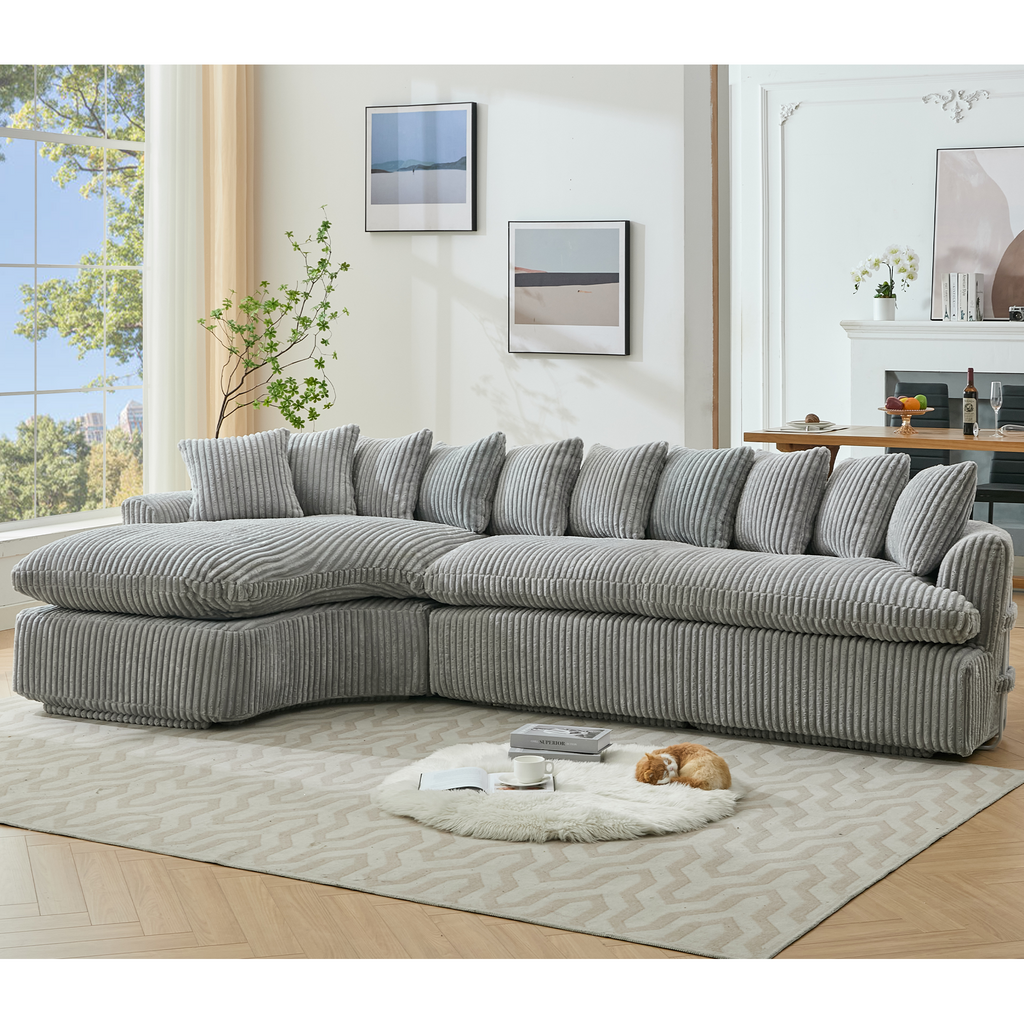 127''  Large Sectional Sofa ,Elegant Curved Design ,High-Resilience Foam ,Ten Back Cushions,L-Shape Left Sofa,No Assembly  Required , (Gray-Soft Corduroy Fabric)