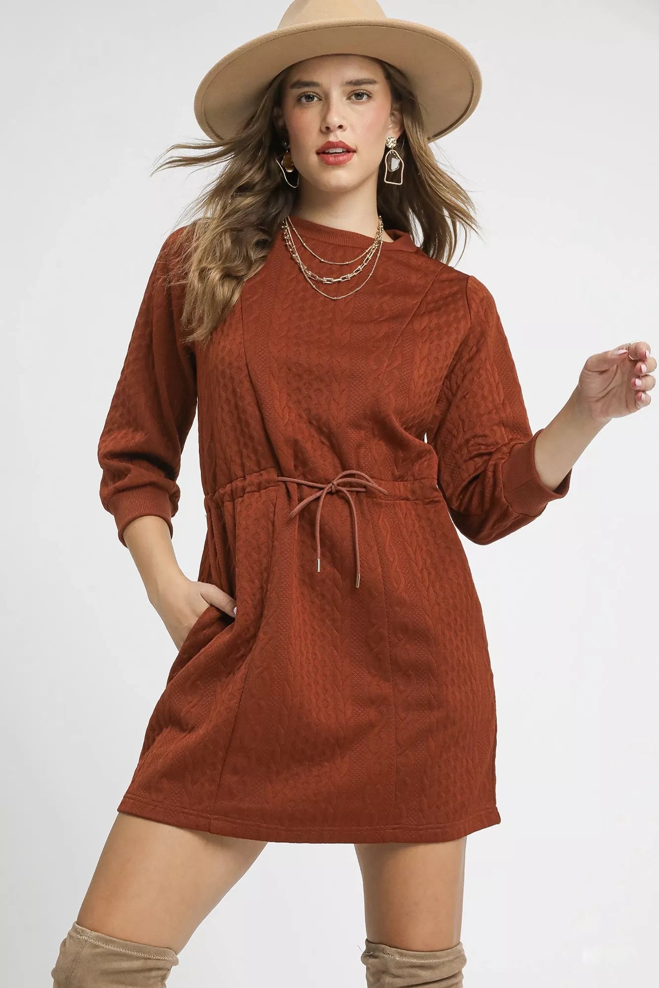 Umgee Drawstring Cable Knit Mini Dress with Pockets