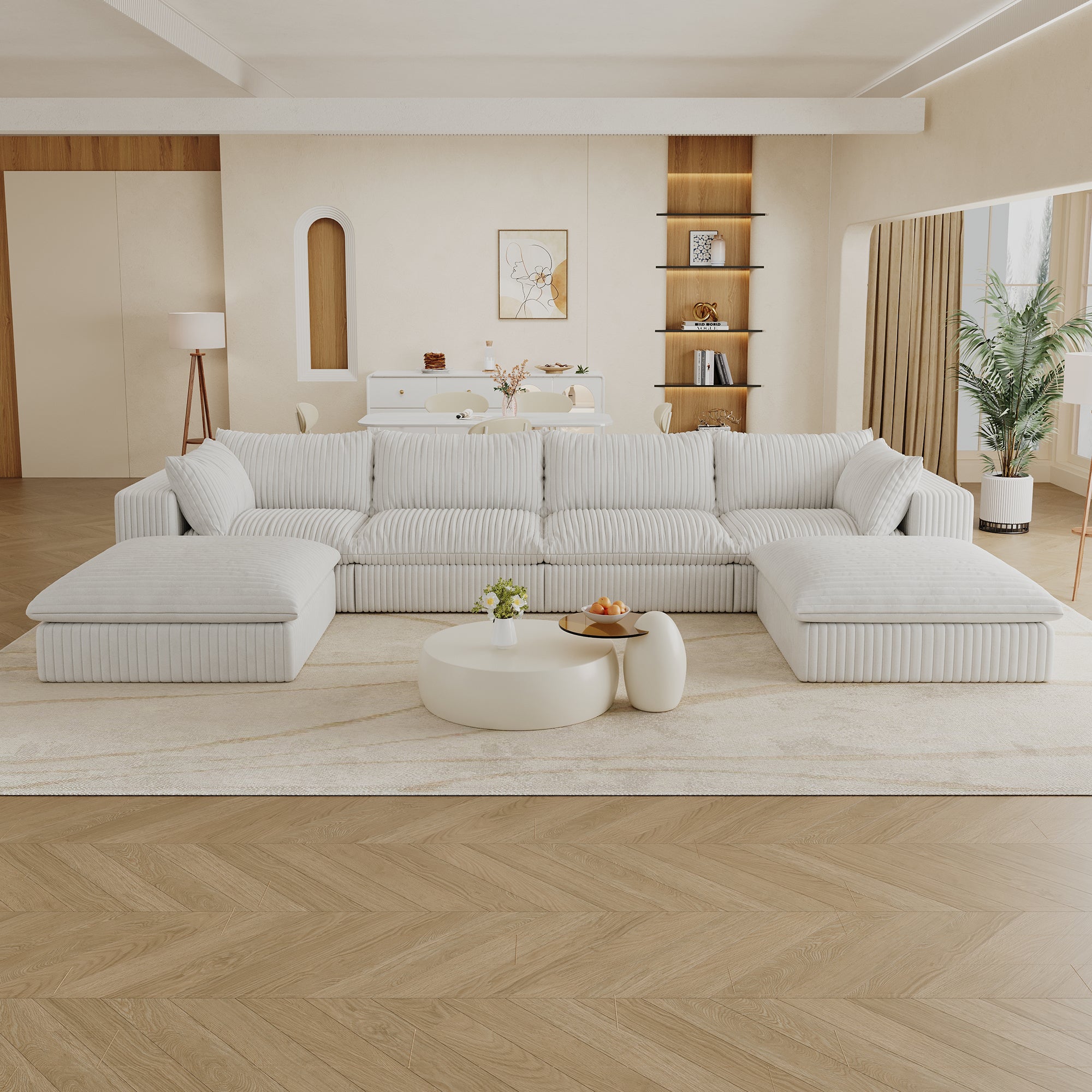 157.6'Cloud Sofa,Corduroy Fabric,Deep Seat Couches,Double-layer design,Removable  Cushion,No Assembly,DIY Combination for Living room, Bedroom,Conference room ,Apartment,White