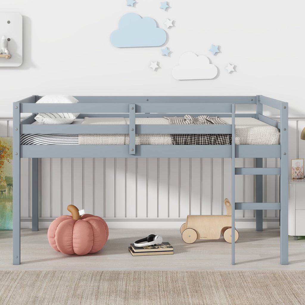 Solid Wooden, Rubber Wooden Twin Loft Bed with Ladder, Bed Platform of Strengthened Slats , Grey