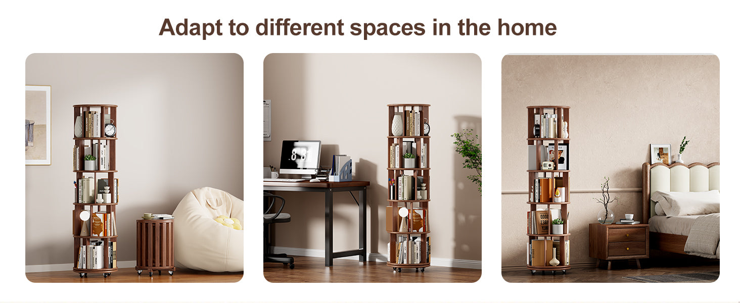 100%Solid Wood Rotating Bookshelf on Wheels,5 Tier, Round Revolving Bookcase, 360° Spinning Book Shelf Tower for Kids, Narrow Rolling Bookshelves for Small Space, Corner, Bedroom, Office, Walnut