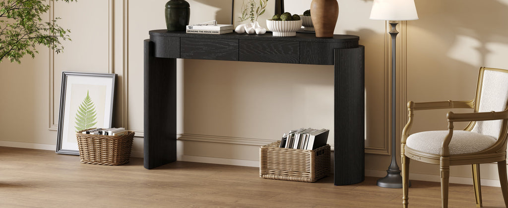 TREXM Entryway Table with Natural Wood Grain Finish, Console Table with Fluted Design, Oval Top and 2 Drawers for Entryway and Living Room (Black)