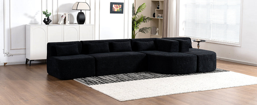 144' Upholstered Sofa Free-combined Sofa Couch with Two Chaise Lounge and Five Back Pillows for Living Room(Old SKU: N719S001600B), Black