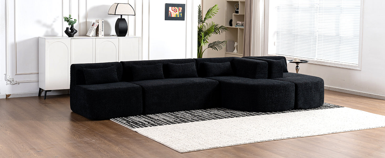 144' Upholstered Sofa Free-combined Sofa Couch with Two Chaise Lounge and Five Back Pillows for Living Room(Old SKU: N719S001600B), Black