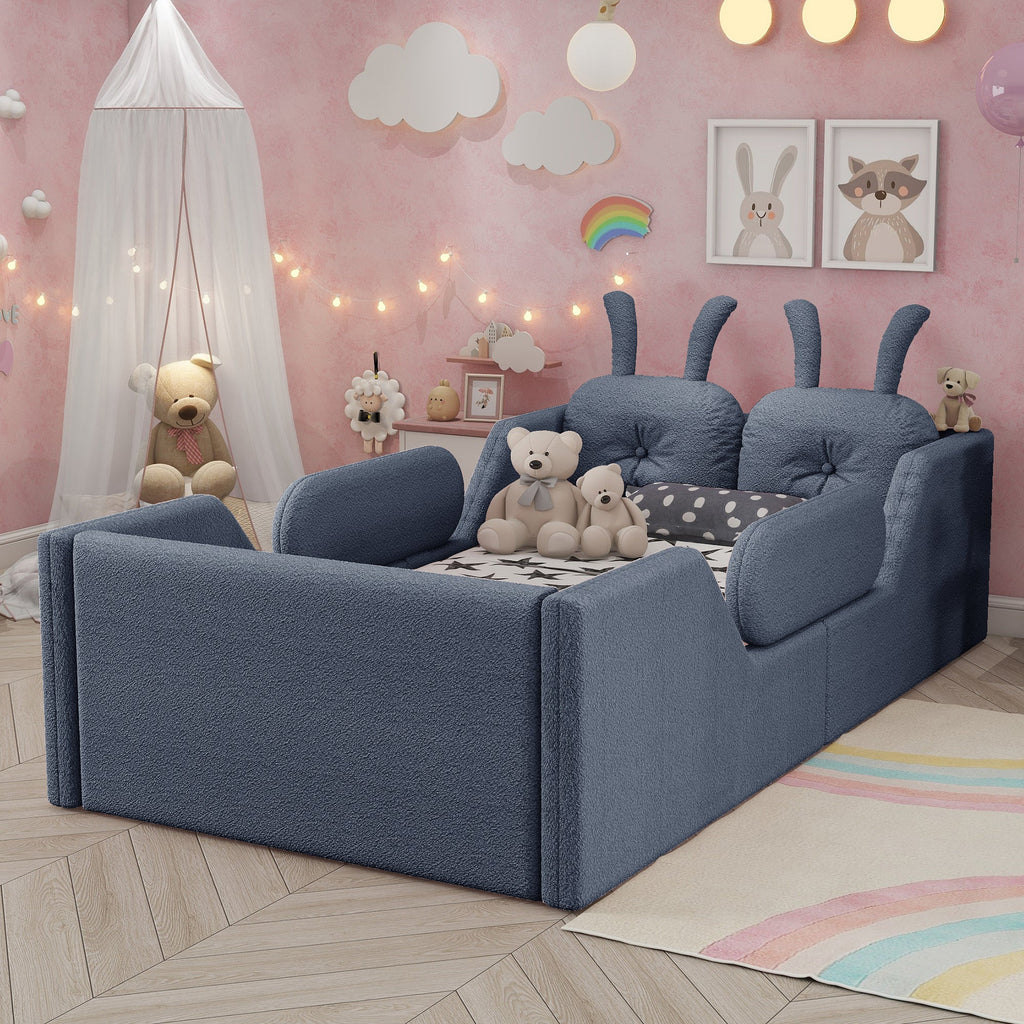Twin Size Upholstered Platform Bed with Rabbit Cushion, Kids Floor Upholstered Bed with Removable Side Rails, Gray(Expect Arrival Date 2025/1/15)