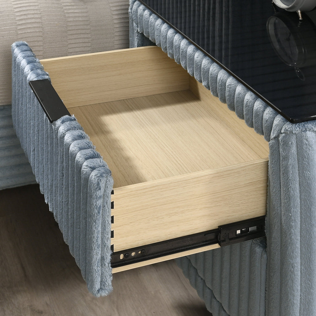 Mavela Wide Wale Corduroy Upholstery Panel Queen Bed with 2 Nightstands and Bench, Blue