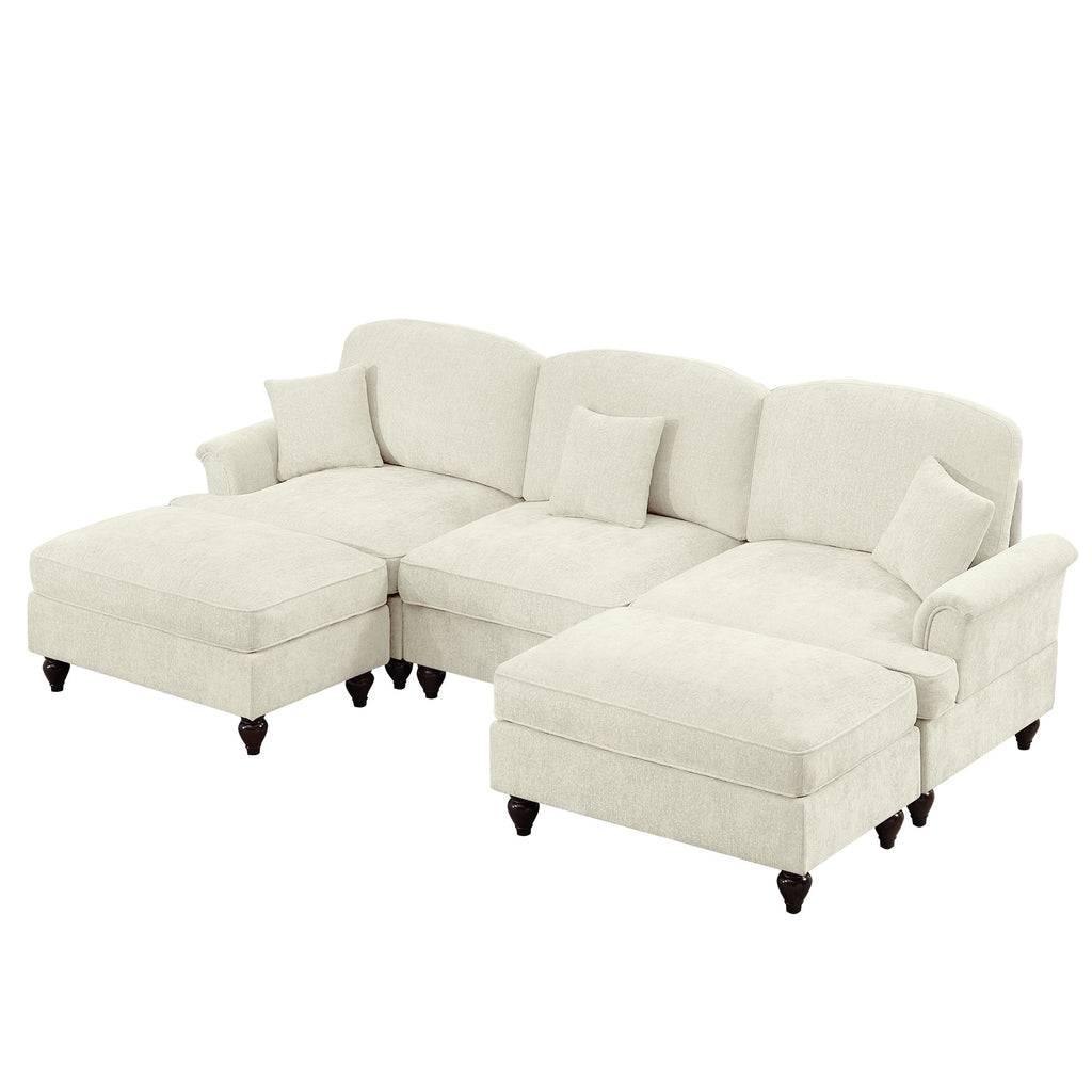 Classic Comfy Modular U Shape Sectional Sofa Couch with Flared Arms and Removable Ruffles Pleats Skirts and Spindle Legs, Upholstered Chenille Deep Seat Cloud Sofa with Movable Ottomans, Beige White