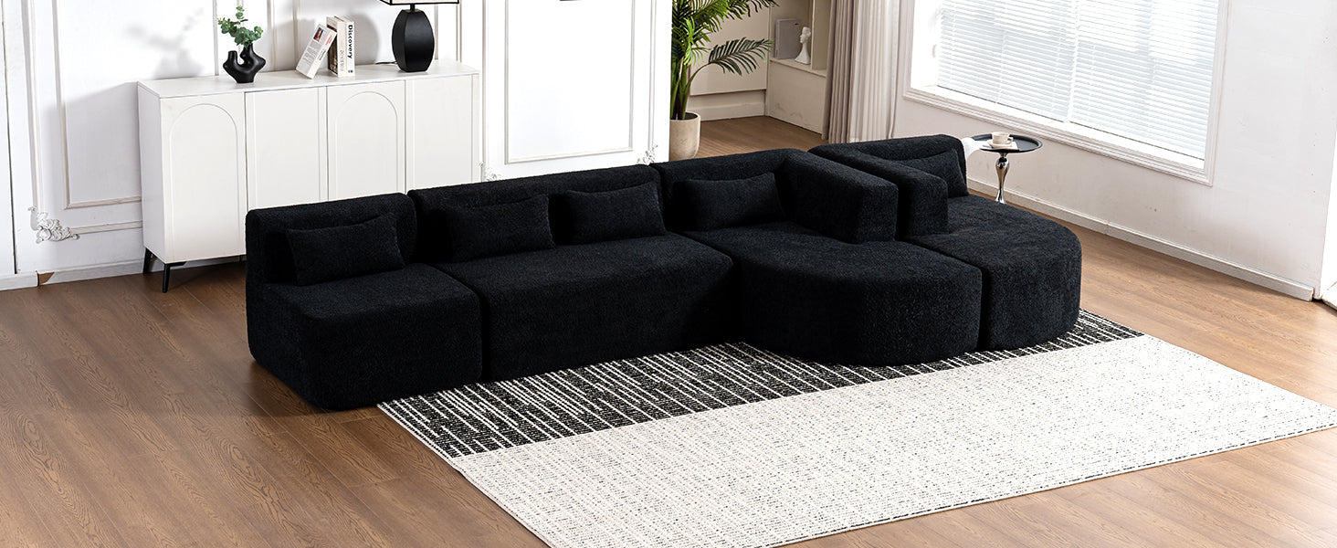 144' Upholstered Sofa Free-combined Sofa Couch with Two Chaise Lounge and Five Back Pillows for Living Room(Old SKU: N719S001600B), Black
