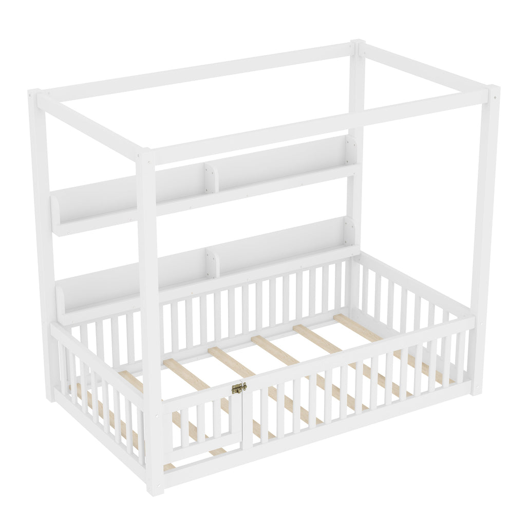 Twin Size Canopy Bed with Guardrails, Solid Wood Floor Bed with Shelves, Montessori Floor Bed Frame for Kids, Boys, Girls, No Spring Box Needed, White