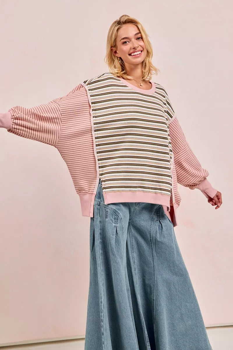 BiBi Stripe Mixed Top With Cut Edge And Reverse Outseam