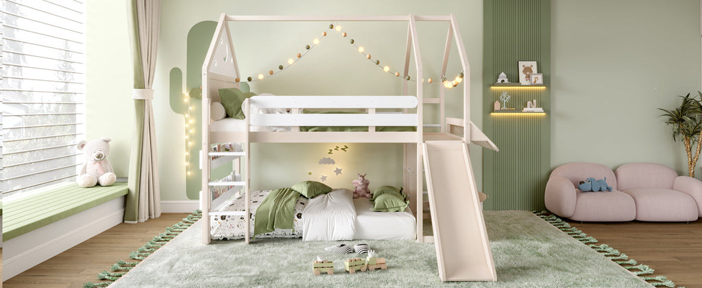 Full Size Loft Bed with Bookshelf Playful Design for Kids House-Shaped Structure with Slide High-Quality Safety Rails,Beige