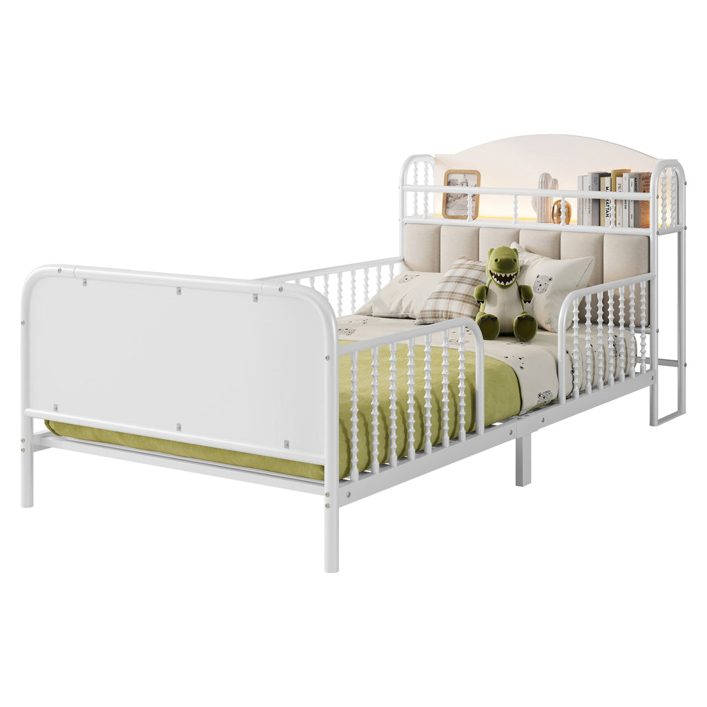 Twin Size Metal Platform Bed Frame with Light, Kids Twin Metal Bed with Upholstered and Storage Headboard, White (Expect Arrival Date 2025/10/5)
