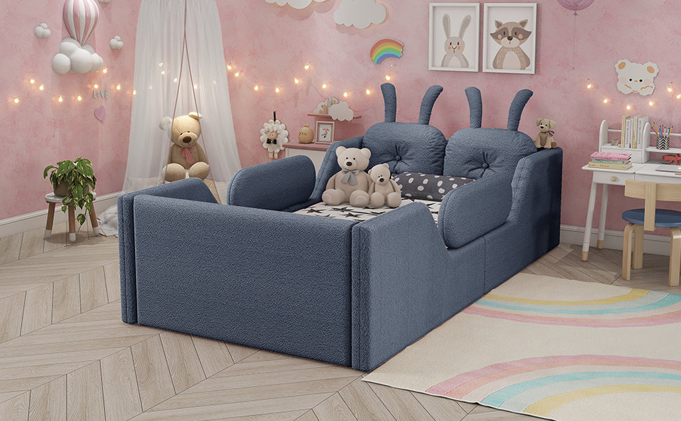 Twin Size Upholstered Platform Bed with Rabbit Cushion, Kids Floor Upholstered Bed with Removable Side Rails, Gray(Expect Arrival Date 2025/1/15)