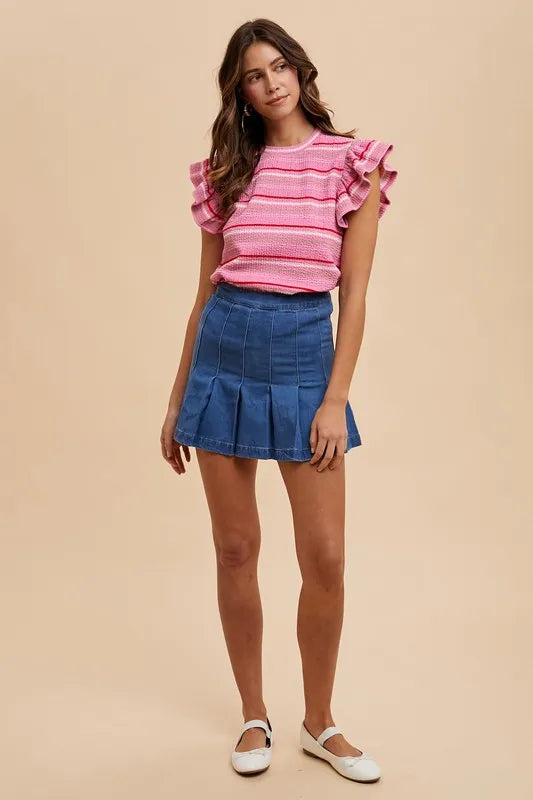 Annie Wear Multi Stripe Ruffle Sleeve Textured Knit Top