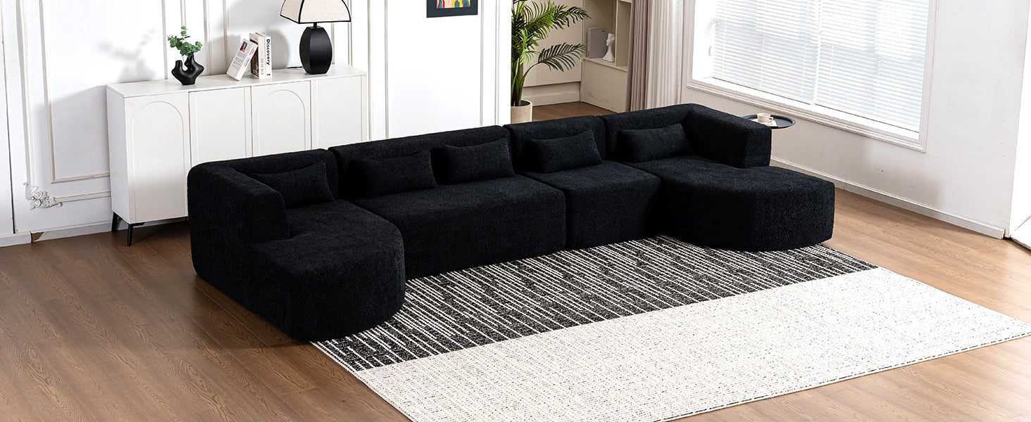 144' Upholstered Sofa Free-combined Sofa Couch with Two Chaise Lounge and Five Back Pillows for Living Room(Old SKU: N719S001600B), Black