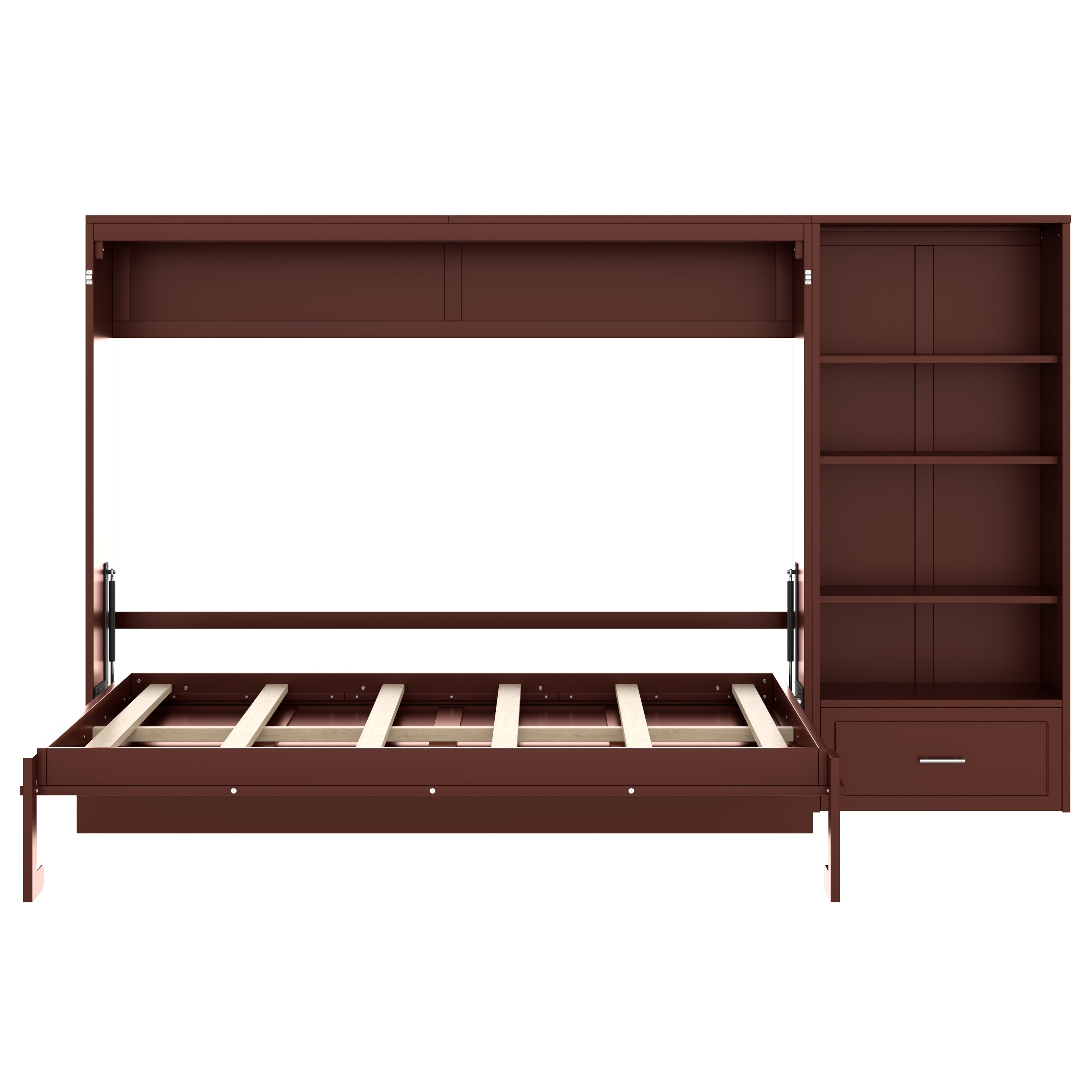 Queen Size Murphy Bed with Height Adjustable Storage Compartments and Shelf, Wall Bed Frame With 1 Drawer, Multifunctional Foldable Platform Bed for Small Space,Bedroom,Guest Room, Walnut